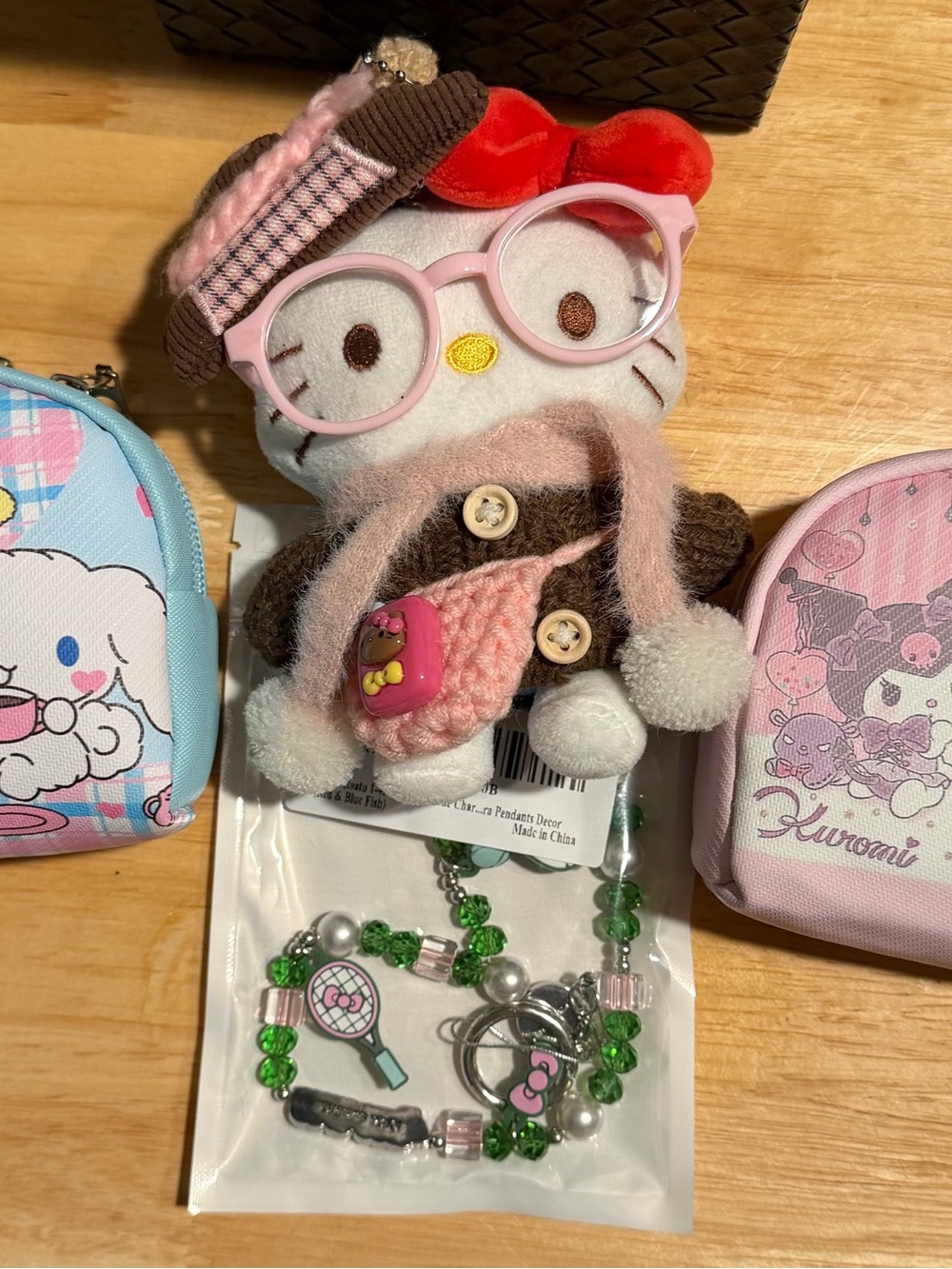 Hello Kitty Plush Toy charm, 2 Sanrio mini backpack keychains, phone charm